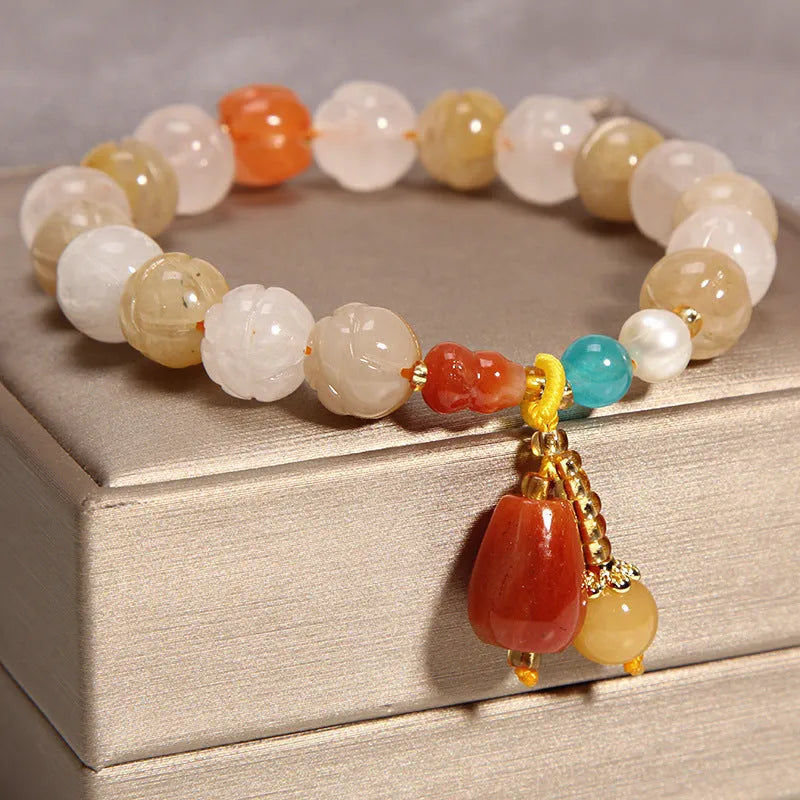 Khaki agate crystal bracelet with gold silk thread in Japanese South Korean style women's jewellery