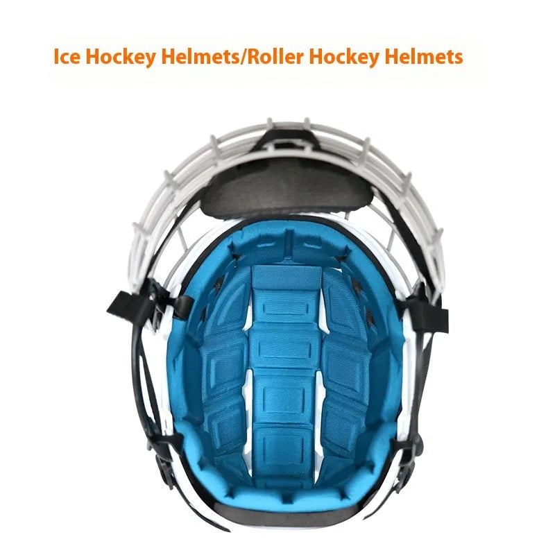 Ice hockey helmet with a carbon steel face mask and cushioned interior lining.