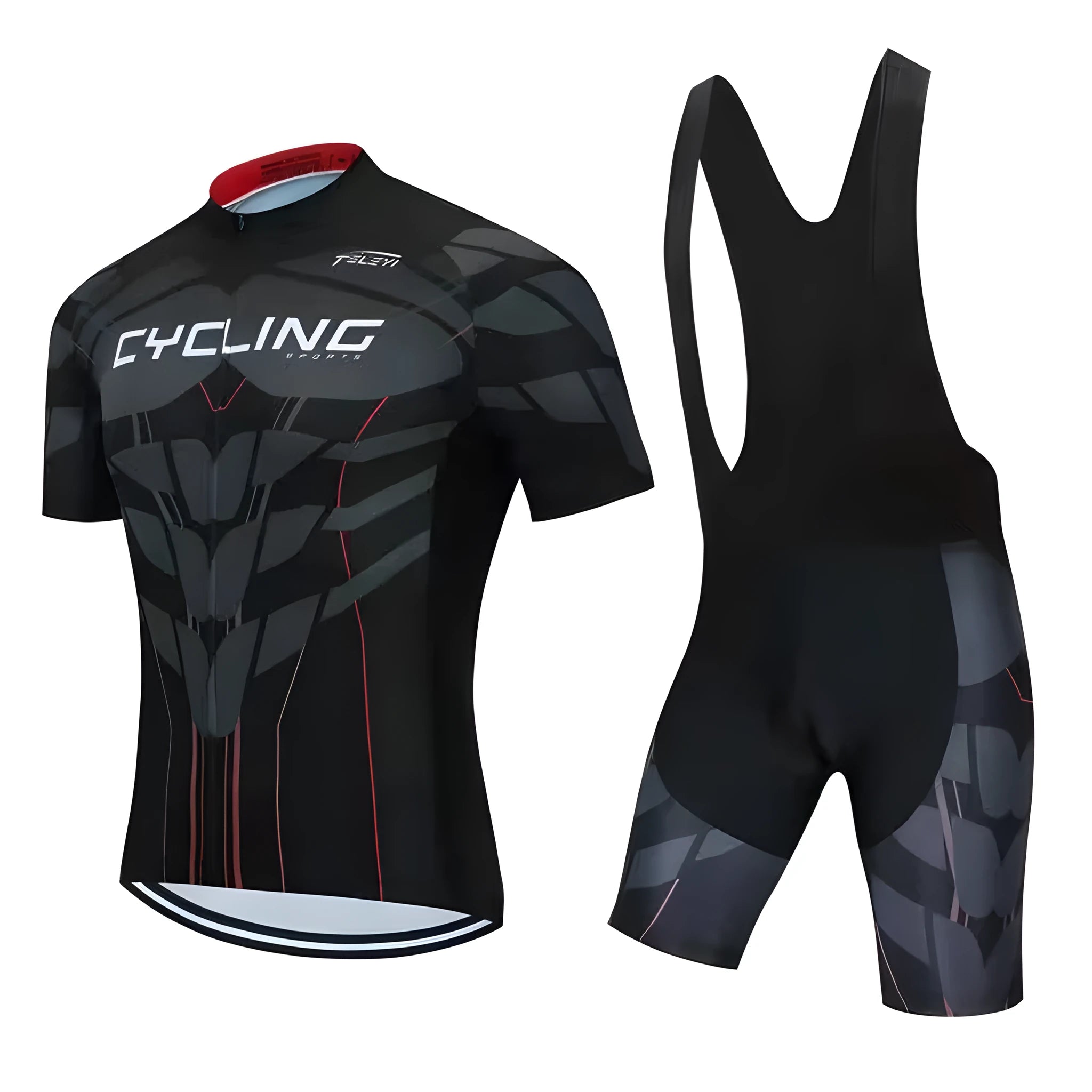 Men's and women's blue cycling jersey and black shorts set for summer biking