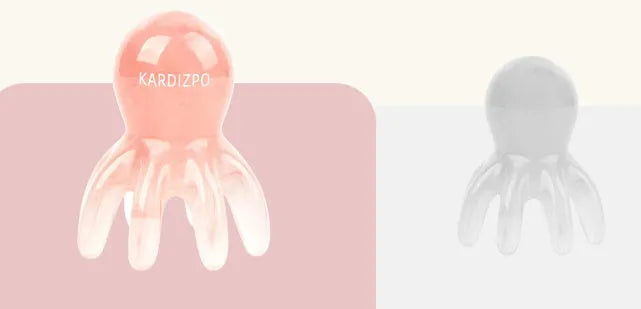 Pink natural resin octopus-shaped massage comb for periocular meridian relief with storage bag.