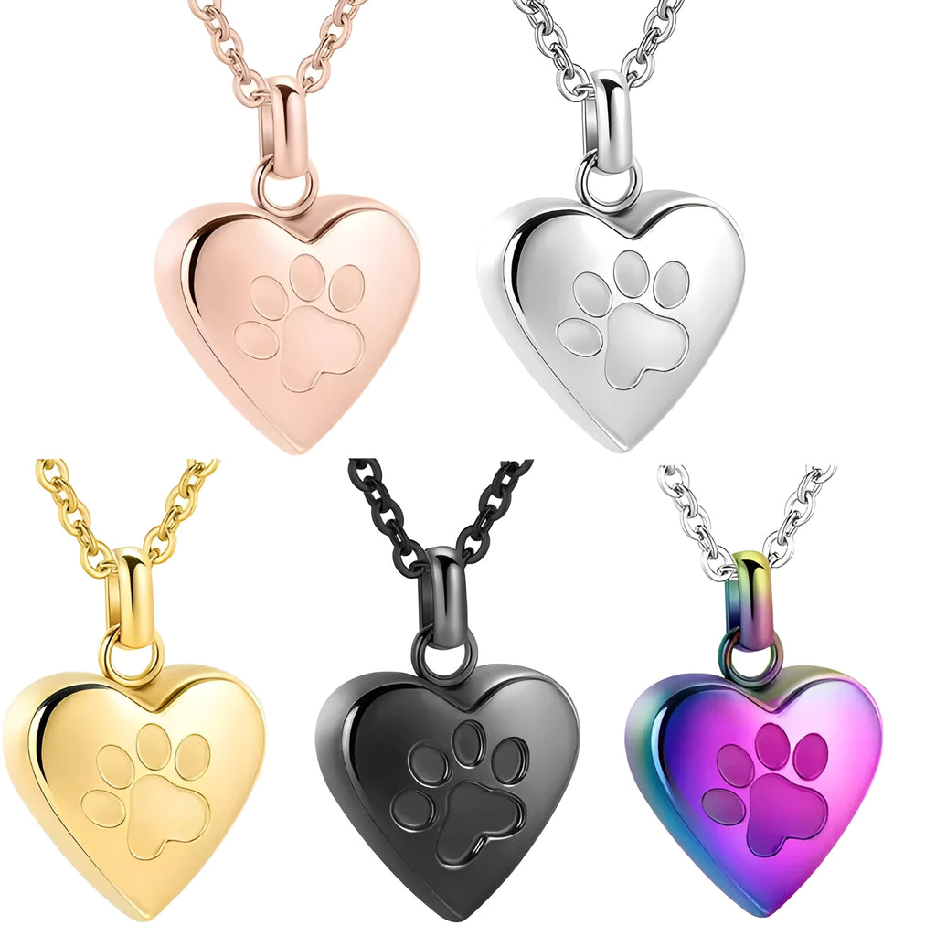 Openable heart-shaped titanium steel cinerary necklace with love paw print design in five colour options.