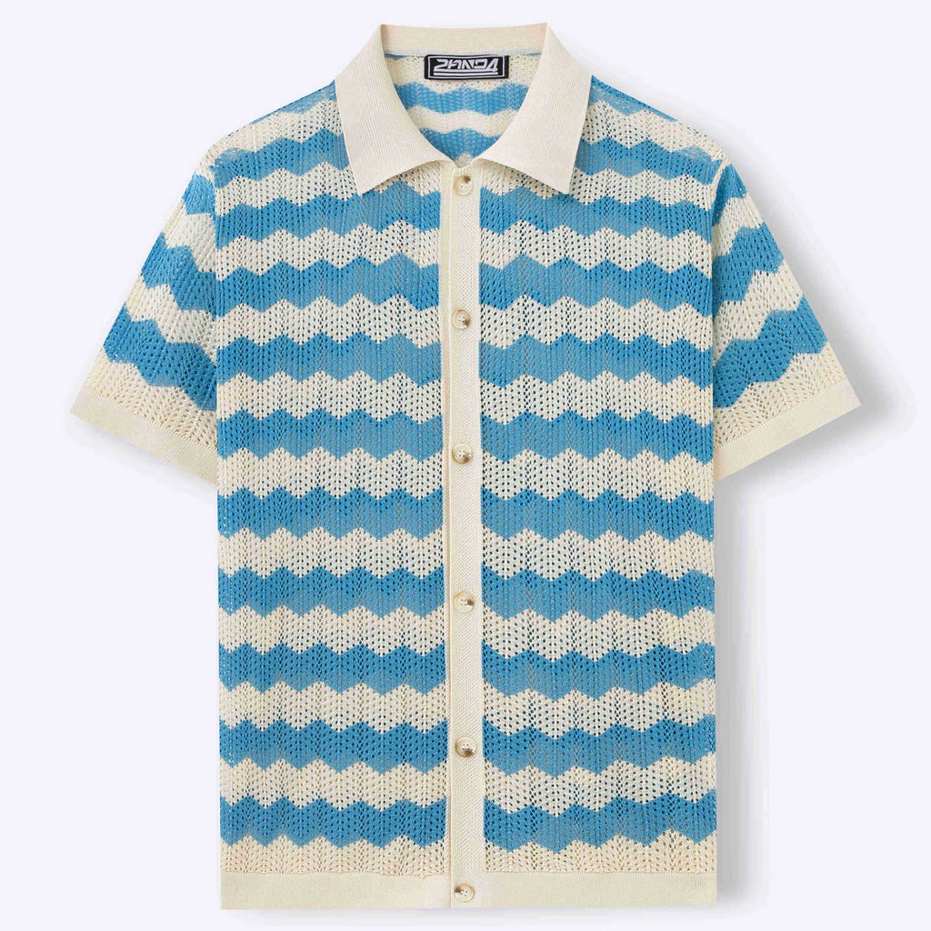 Short-sleeved yellow hollow jacquard corrugated sweater with flocked detail on a mannequin.