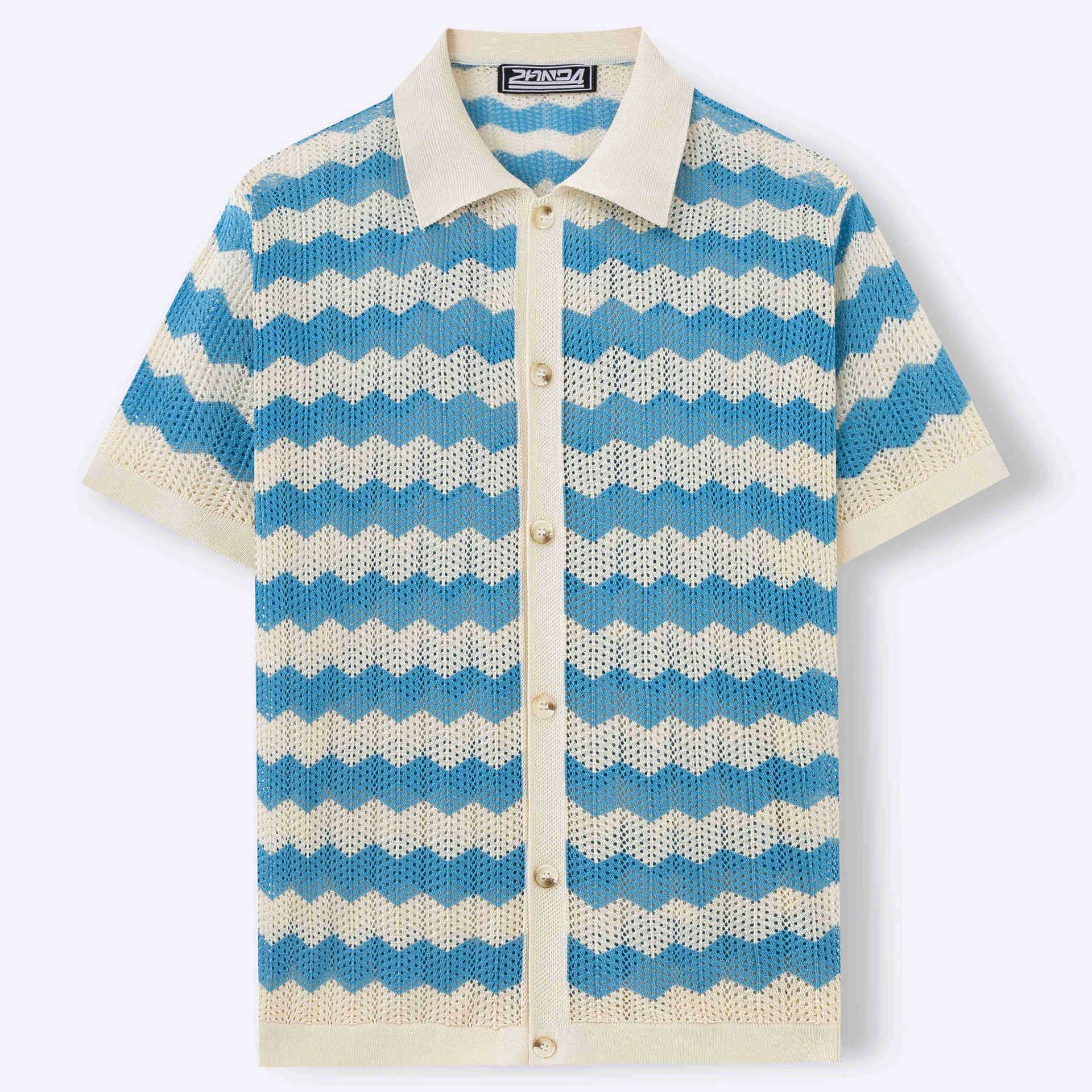 Short-sleeved yellow hollow jacquard corrugated sweater with flocked detail on a mannequin.