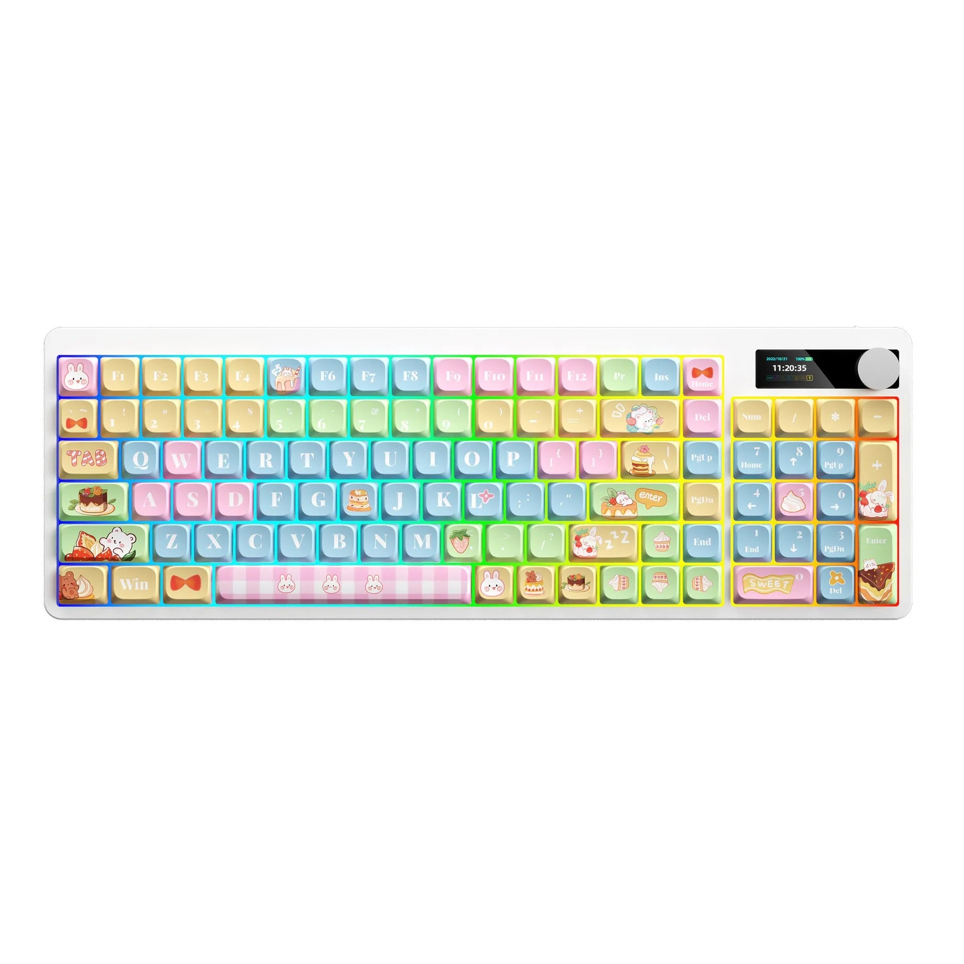 Black mechanical gaming keyboard with RGB backlighting and custom keycap designs