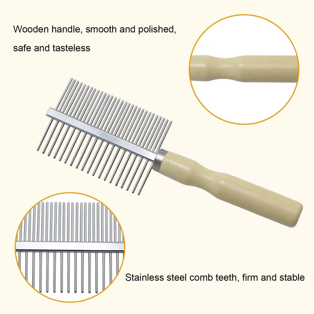 Wooden handle pet grooming comb showing three configuration types for dogs and cats