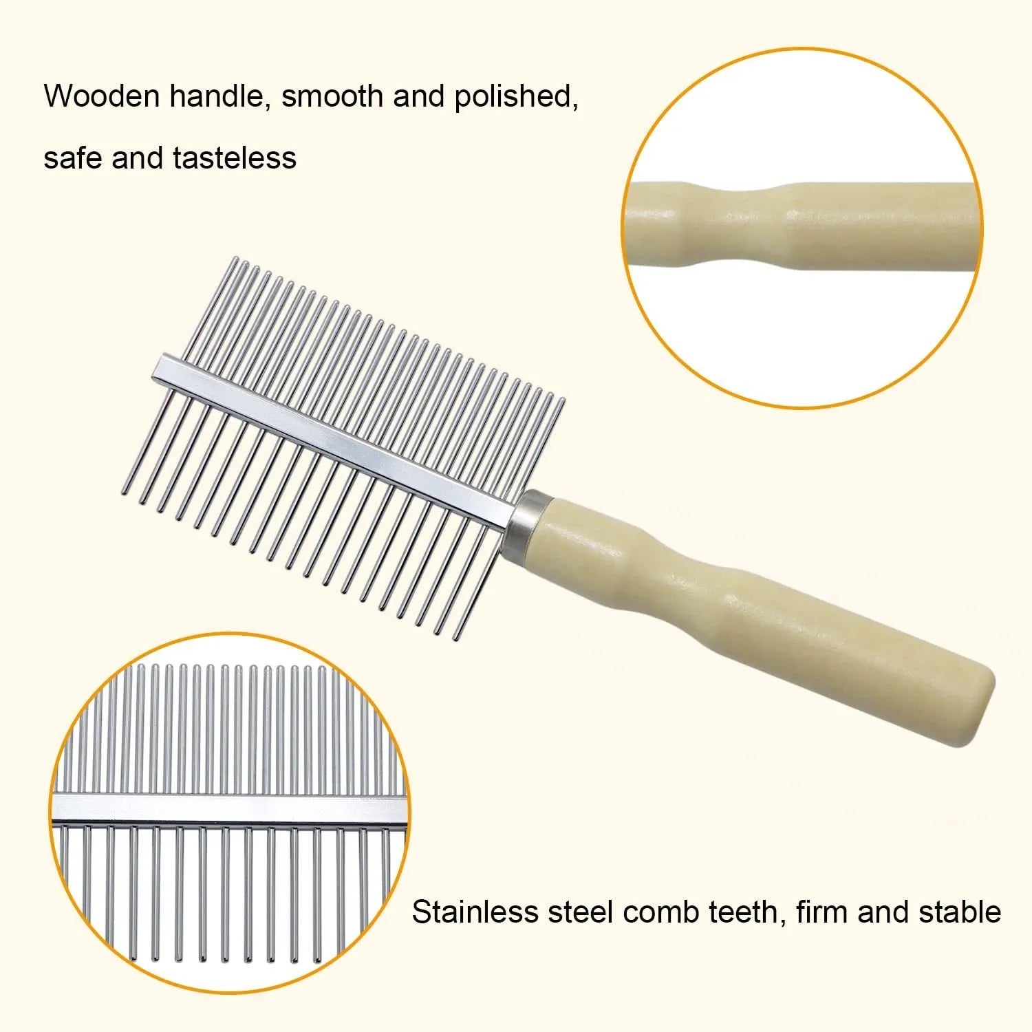 Wooden handle pet grooming comb showing three configuration types for dogs and cats