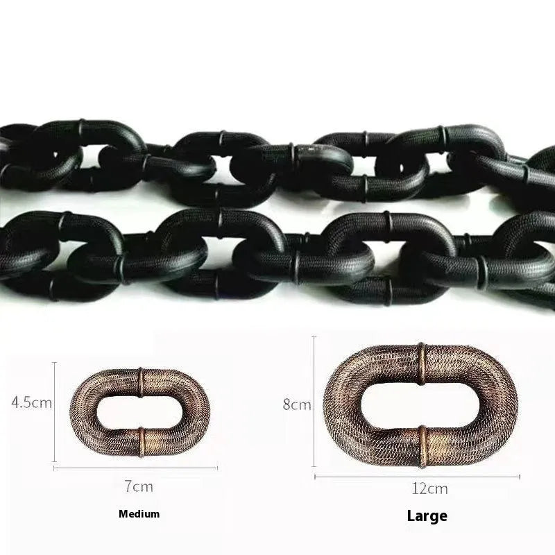 PP plastic simulation dog leash prop in bronze, antique silver, and black colours showing different lengths.