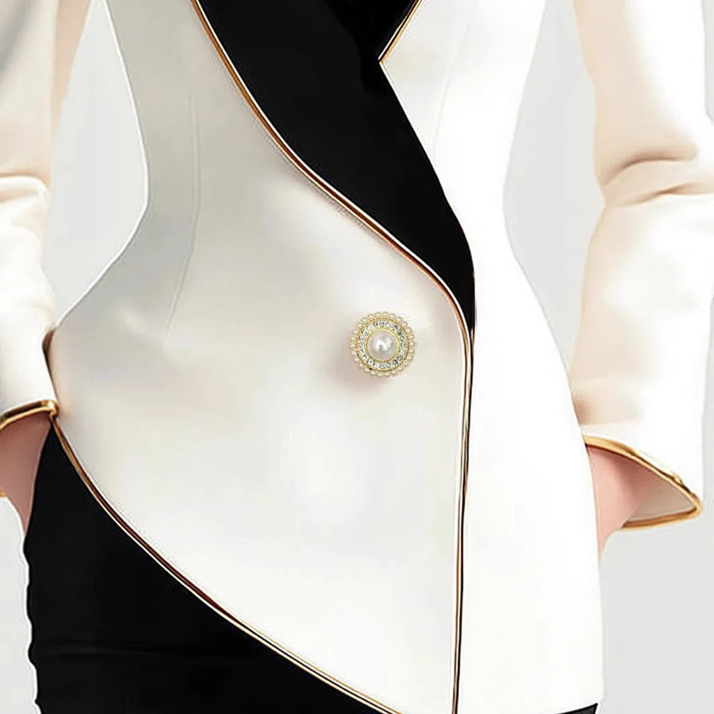 Women's milky white beige irregular coat with golden edge pearl buttons on TR fabric