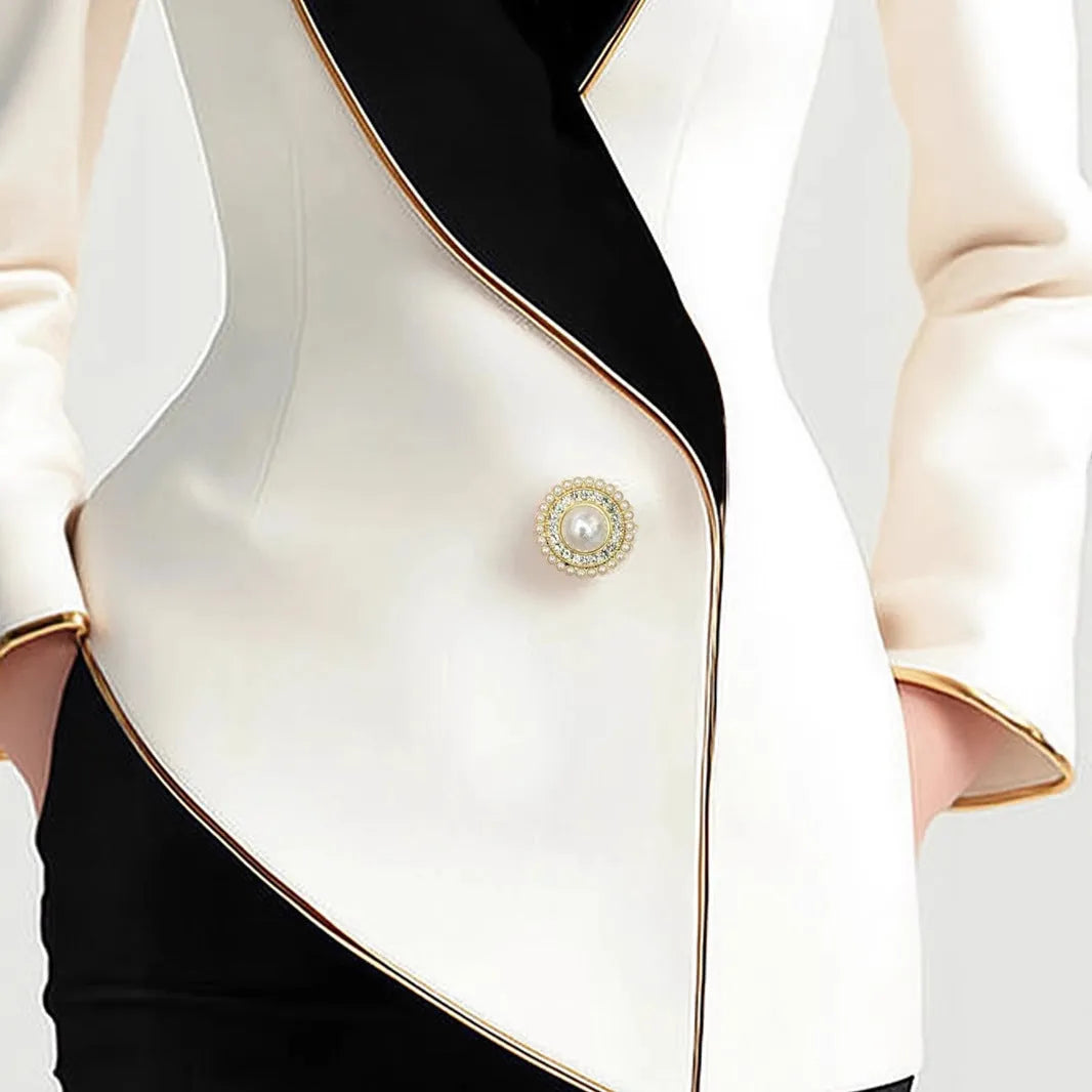 Women's milky white beige irregular coat with golden edge pearl buttons on TR fabric