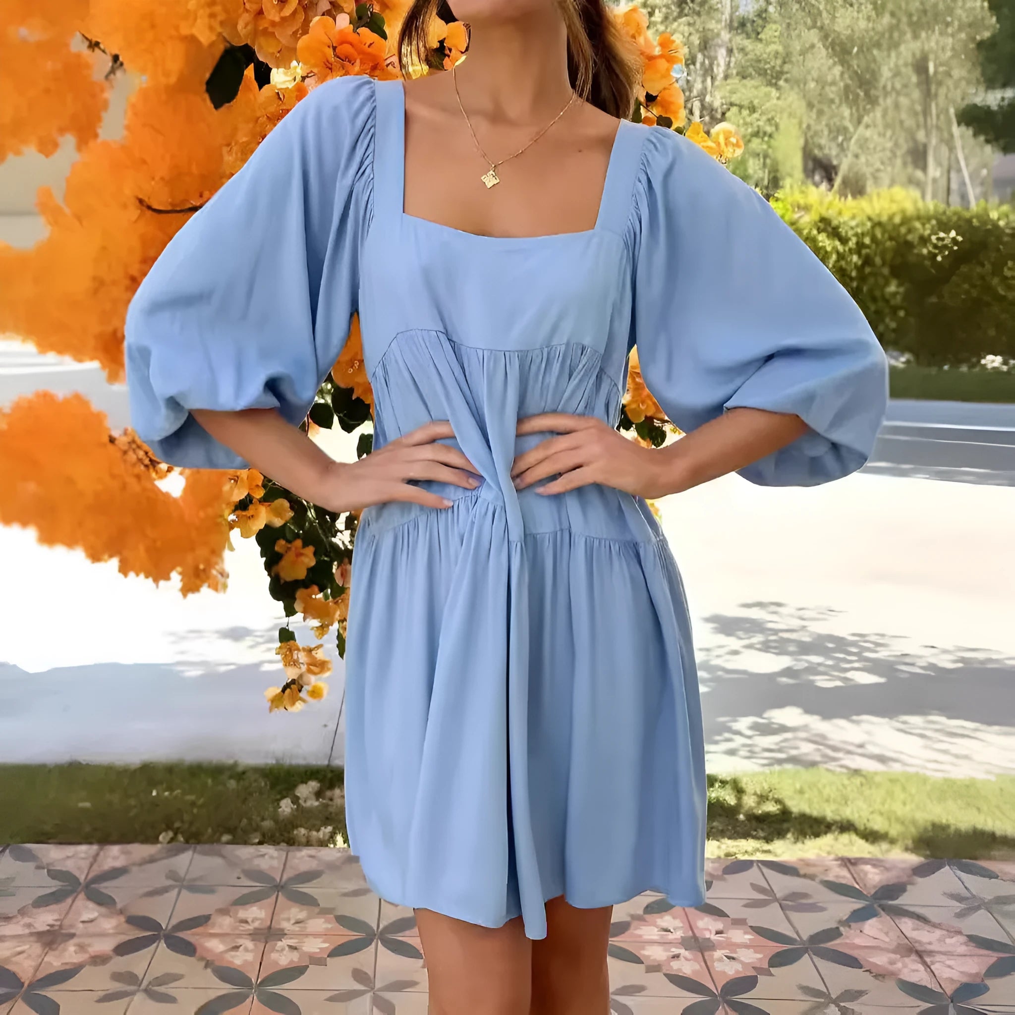 Children's solid colour backless dress with square collar and puff sleeves in A-line silhouette