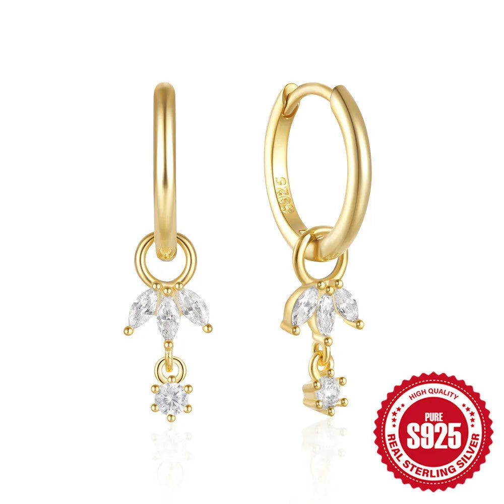 S925 sterling silver earrings with geometric sunflower pattern and golden zircon stones