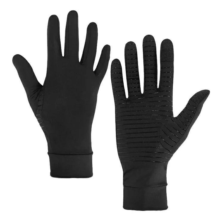 Copper fibre full finger touch screen gloves in Black with non-slip surface, knitted fabric construction