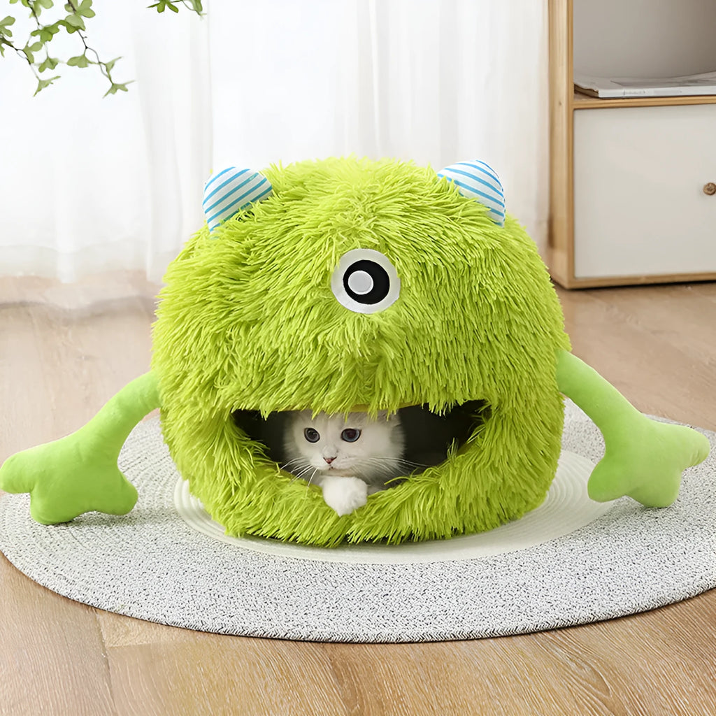 Round fluffy plush cat bed with non-slip base in three size options for indoor cats