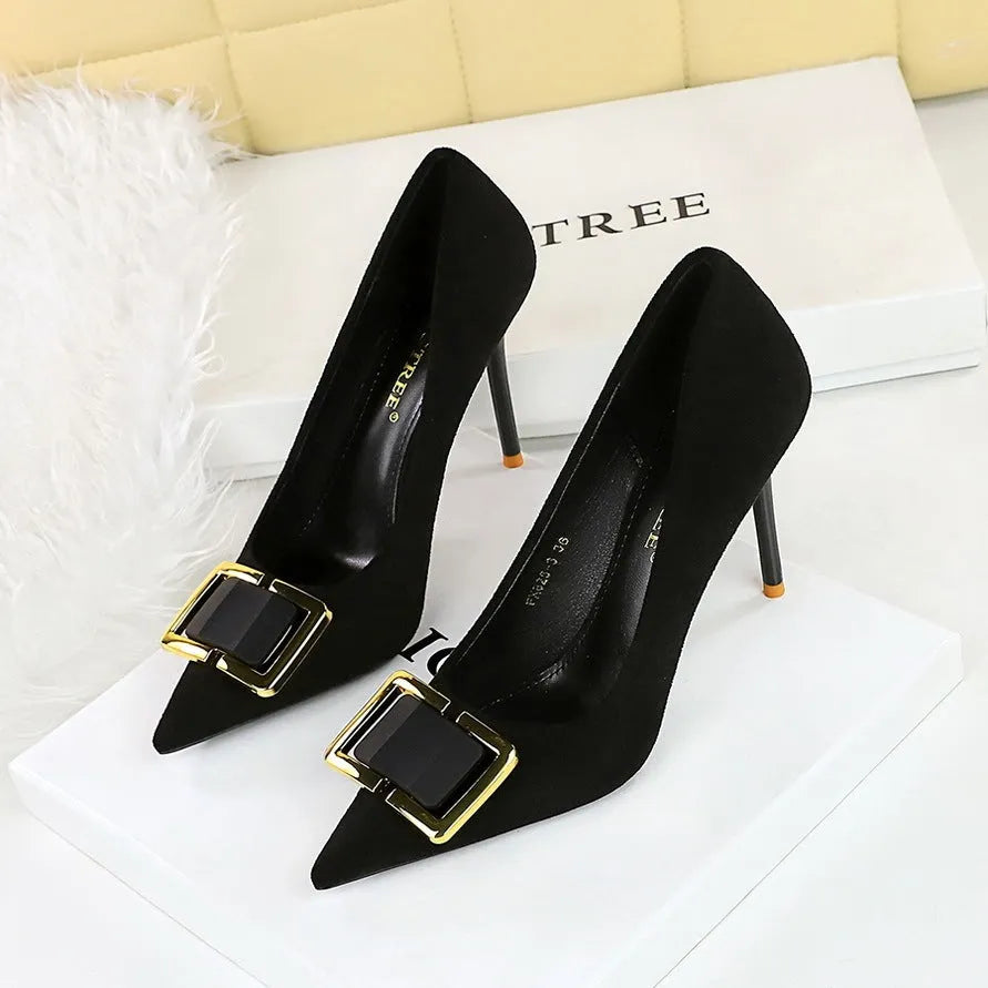 Black suede women's stiletto heels with 9cm heel and pointed toe