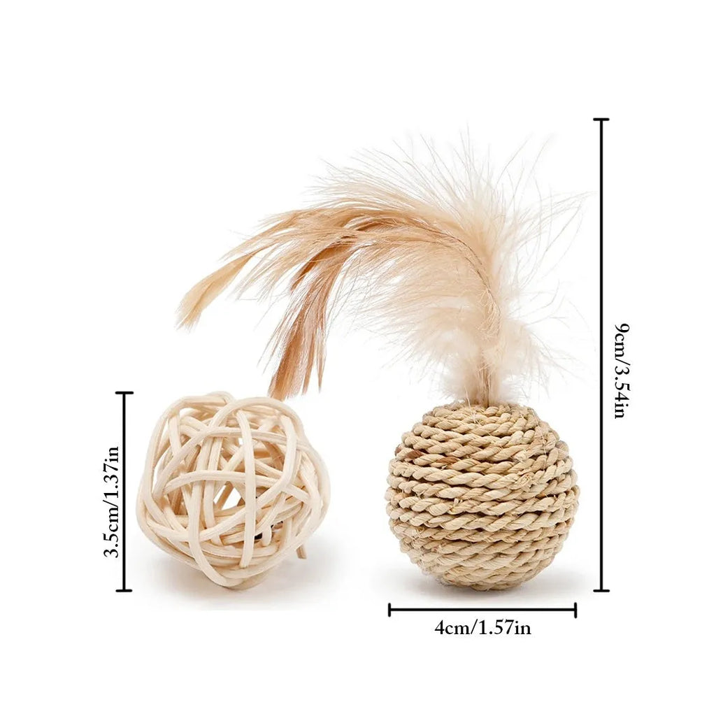Two cat toys: hollow rattan ball and faux feather ball with bell on primary coloured background