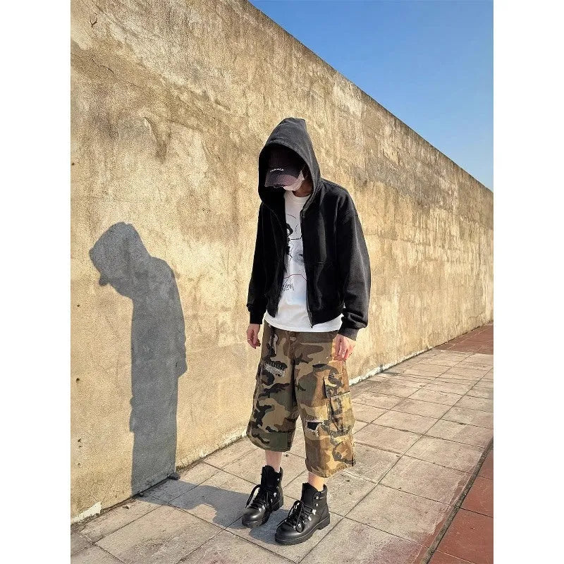 Men's camouflage cropped jeans with patch ripped detailing and straight-leg cut