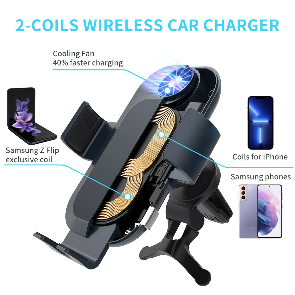 C35 colour car wireless charger phone holder with suction cup air vent mount and Type-C cable.