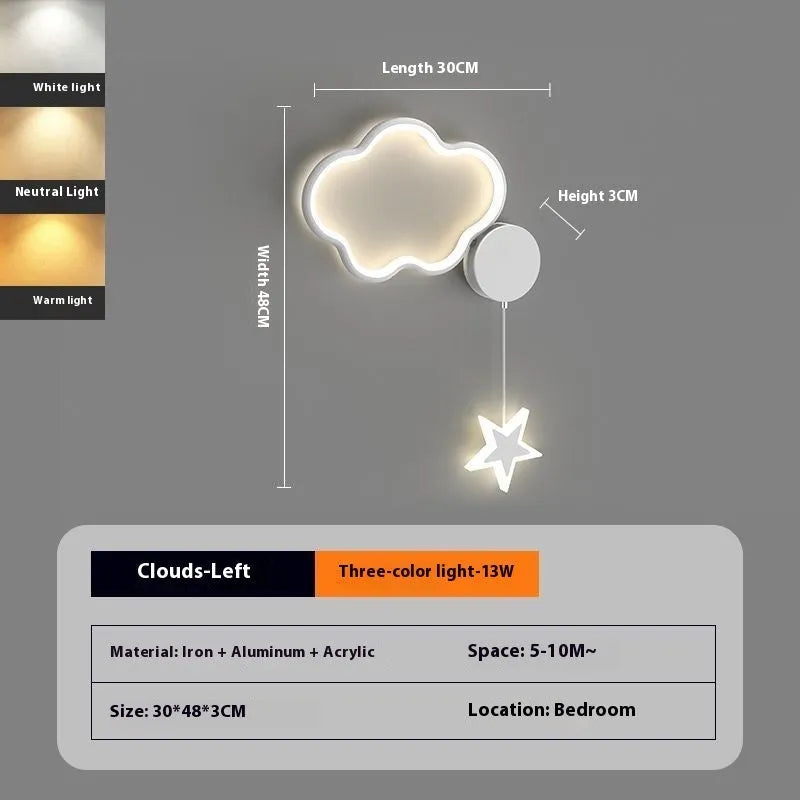 Cloud and star-shaped children's bedside wall lamp with LED lighting in black or white finish