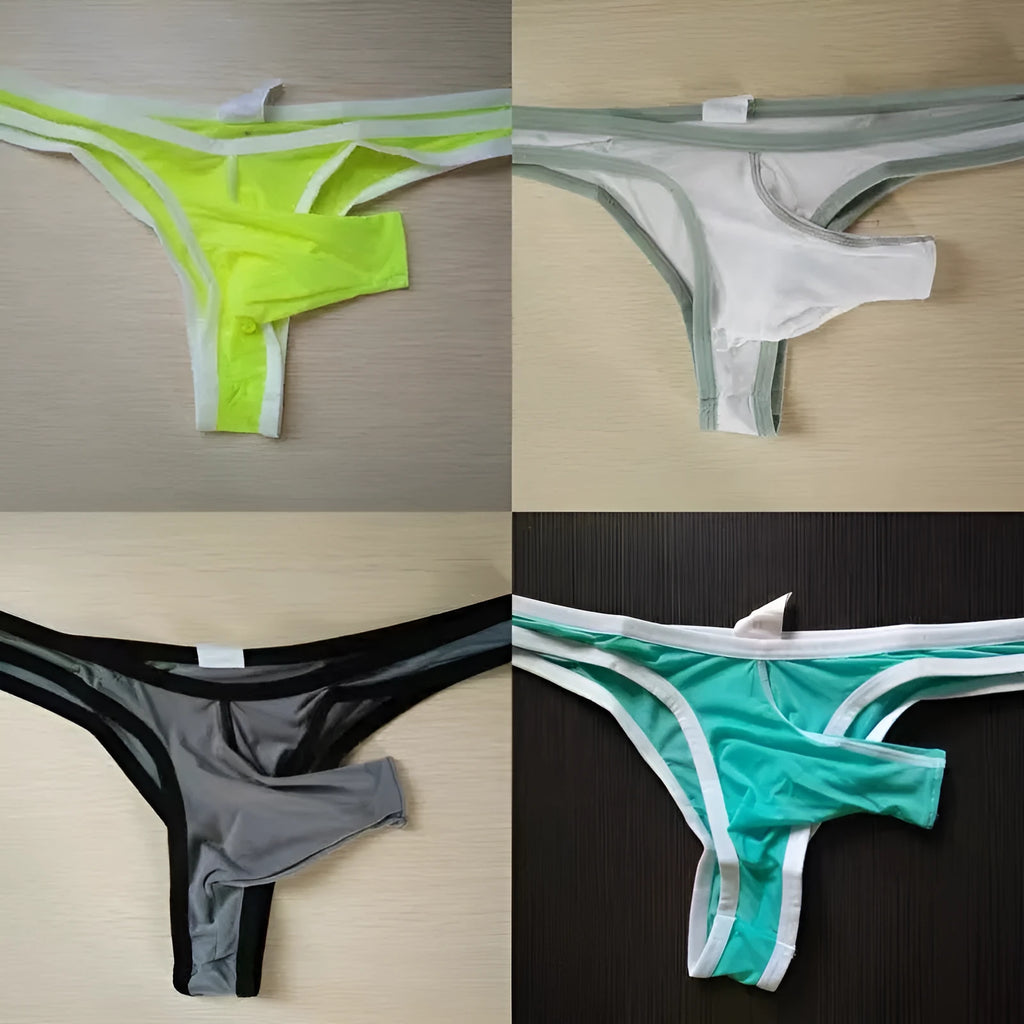 Men's Ice Silk nylon briefs underwear shown in multiple colours including Army Green, Black, and Sky Blue.