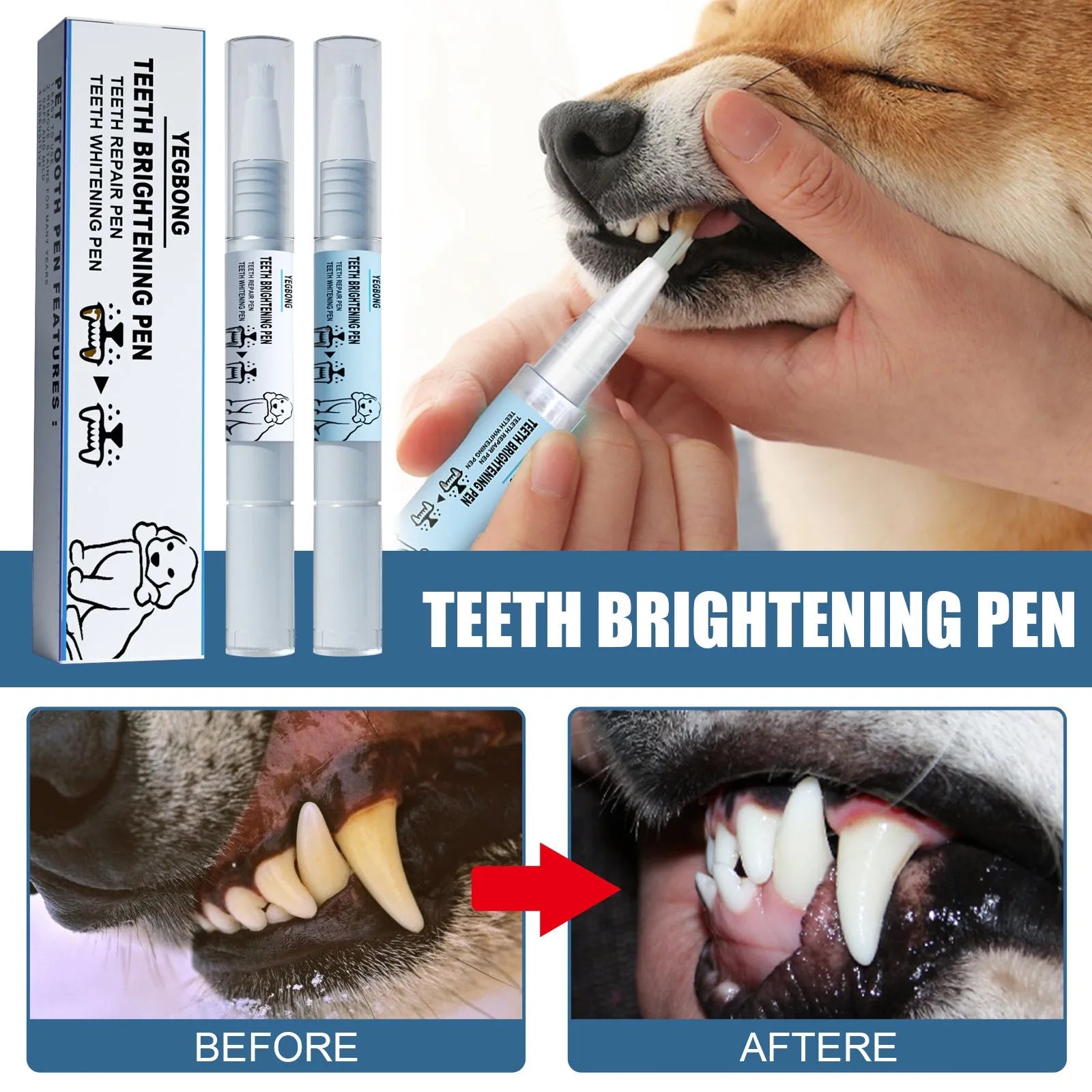 Pet teeth whitening pen set with two 3ml pens and dental brushes for dog and cat dental care