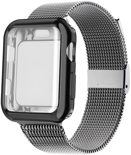 Apple Watch magnetic Milanese loop metal strap in multiple colours on a watch case