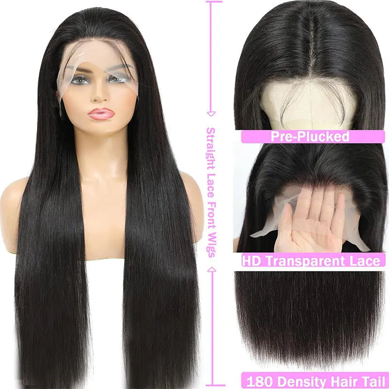 Straight black human hair lace front wig on a model, showcasing a natural hairline and long length.