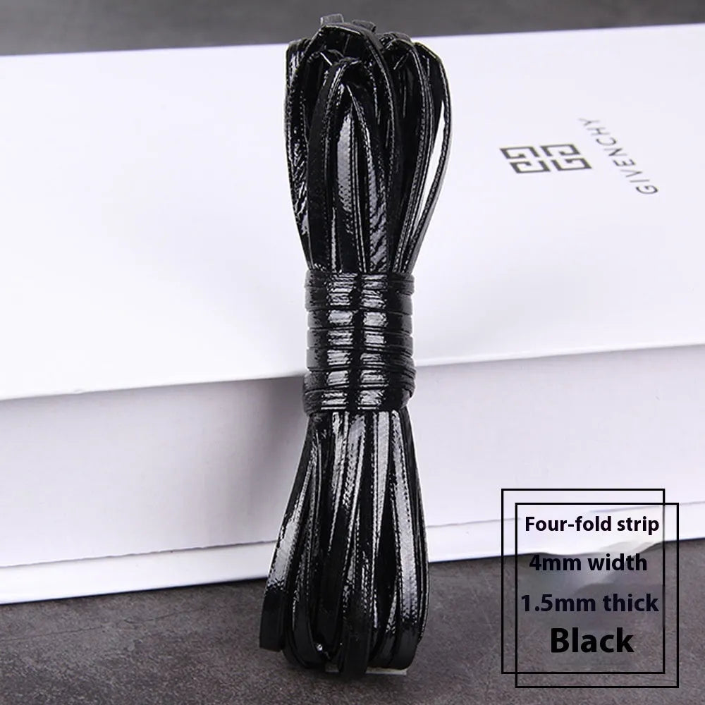 Rolls of soft PU leather weaving cord in various colours and widths for craft projects.