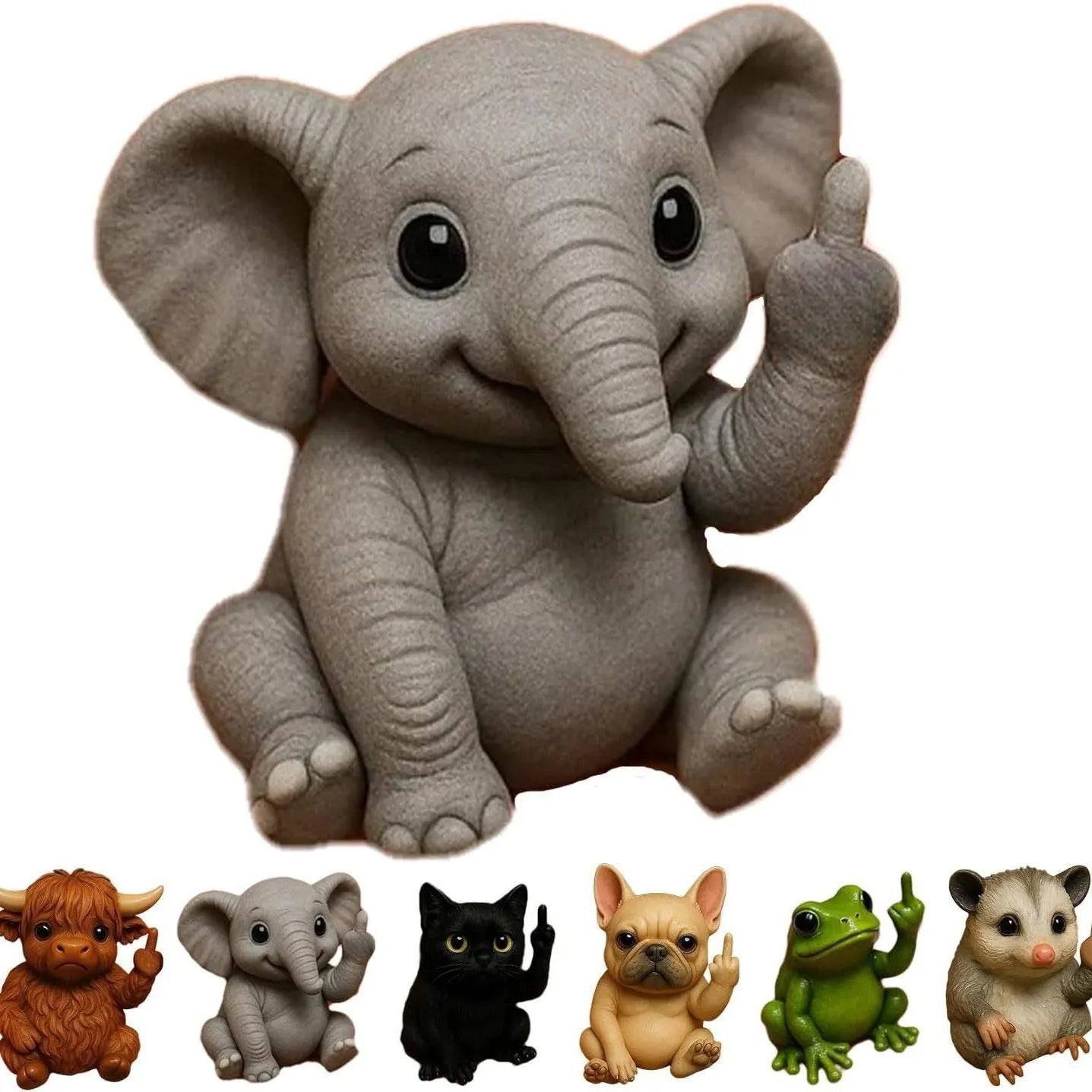 Mini resin animal doll making a middle finger gesture, available in cat, dog, elephant, frog, Highland cattle, mouse, and turtle styles.