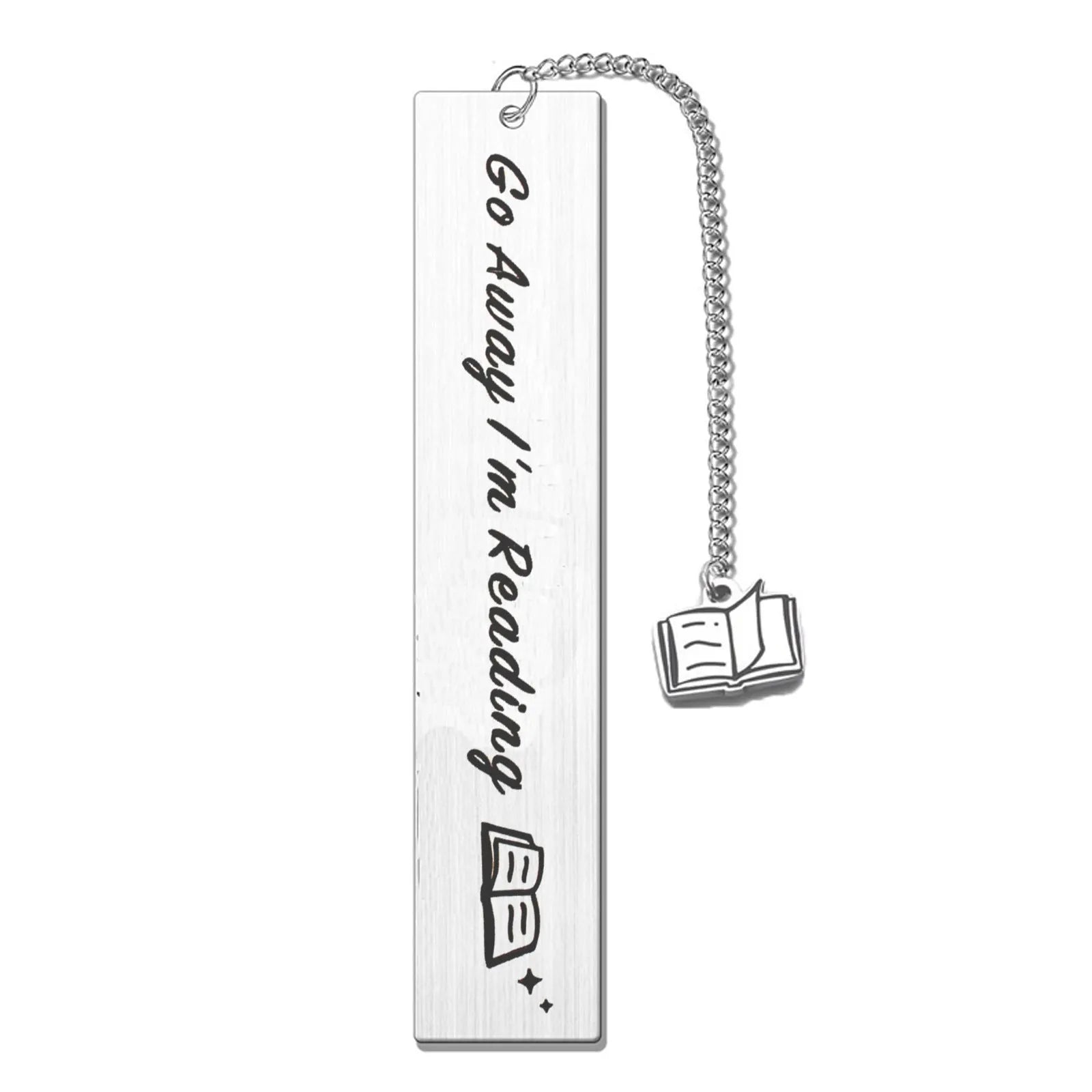 Stainless steel tassel-style bookmark with engraved 'reading enthusiasts literary' text on a metal surface.
