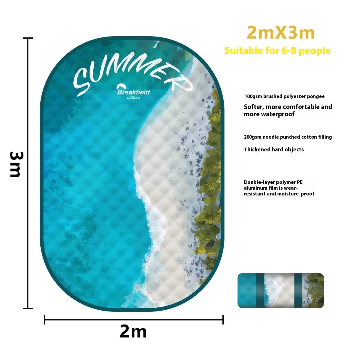 Large rectangular waterproof picnic mat with a brushed fabric texture, shown folded and in use outdoors.