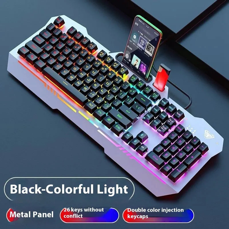 Metal mechanical keyboard bundle with gaming mouse, headset, and optional mouse pad on a desk.