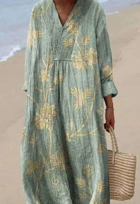 Floral 3D printed sleeve shirt dress with a long princess skirt on a mannequin.