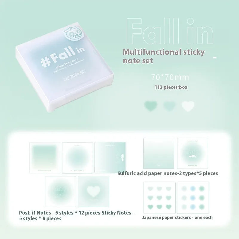 Square 70mm multifunctional notepad with gradient colour cover, showing sticky notes and parchment inner pages.