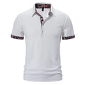 Men's short sleeve polo shirt in cotton blend fabric, showing turnover collar detail in white colour.