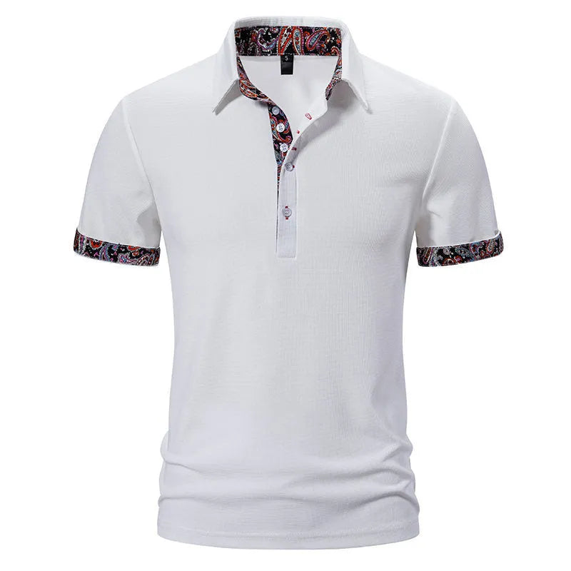 Men's short sleeve polo shirt in cotton blend fabric, showing turnover collar detail in white colour.