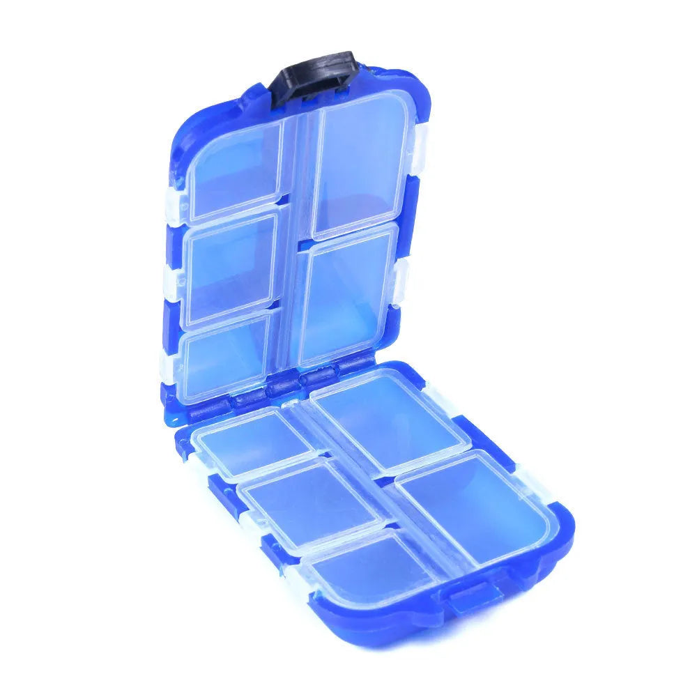 Plastic fishing tackle storage box with 10 compartments measuring 9.5 x 6.5 x 3 cm