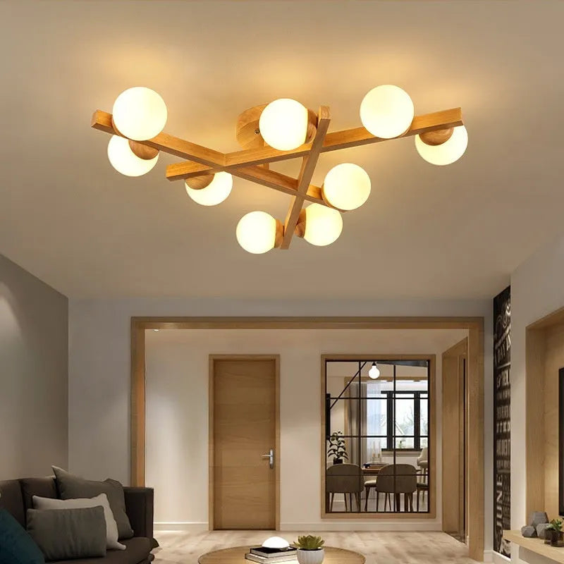 Nordic wooden style ceiling light fixture with three neutral white light heads