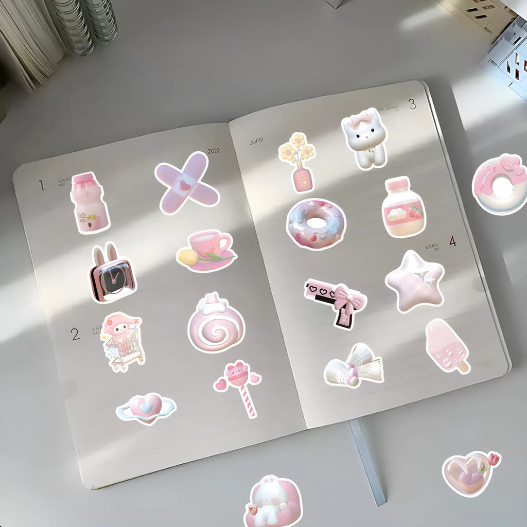 Pink girl heart 3D decorative stickers sheet with 63 pieces showing two pattern designs