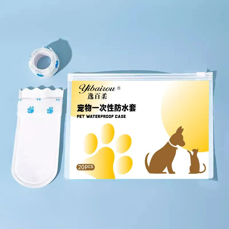 White disposable waterproof pet shoe covers for dogs in S and M sizes