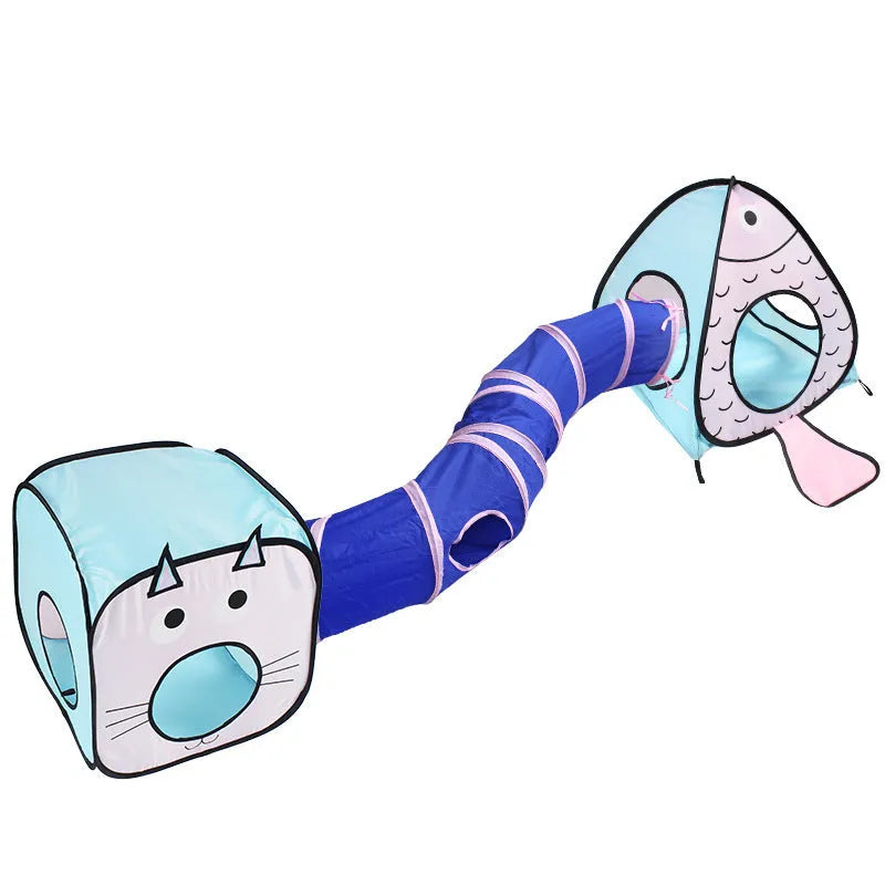 Foldable pet tent tunnel toy set in cat and fish design with three connected sections