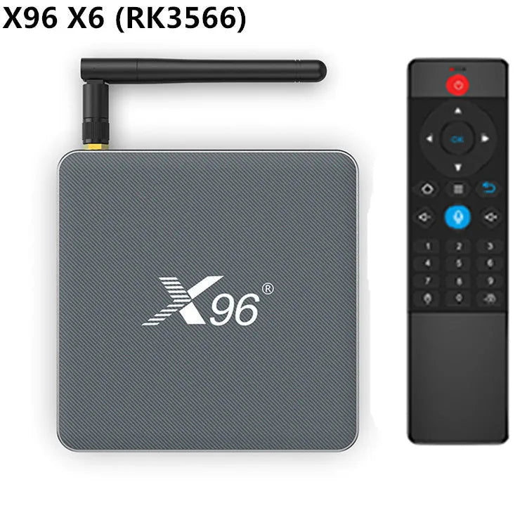 RK3566 Android smart voice set-top box with remote control, HDMI cable, and power adapter.