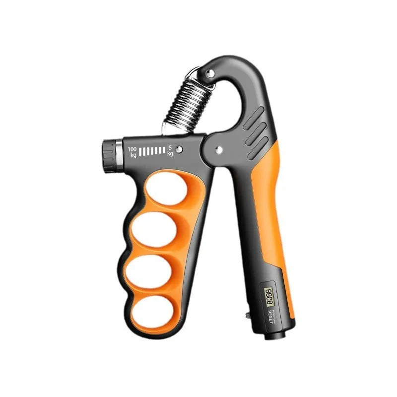 Adjustable spring grip hand exerciser with electronic counter display in orange colour
