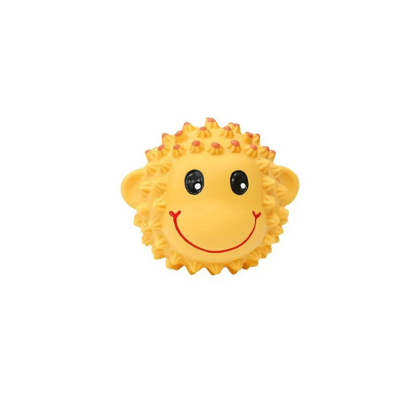 Orange and yellow latex dog toys with spiky surfaces and animal designs