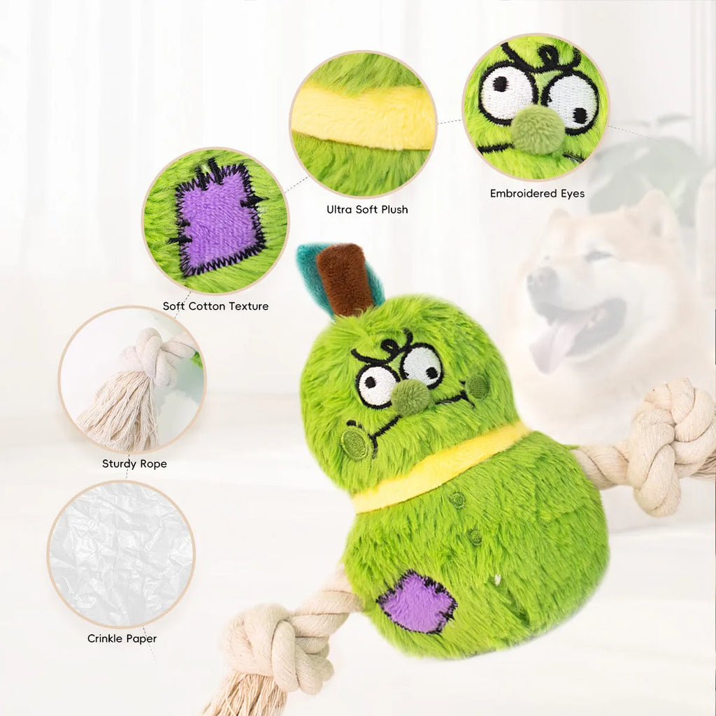 Green and purple plush rope knot dog toy with squeaker for tug of war and chewing.