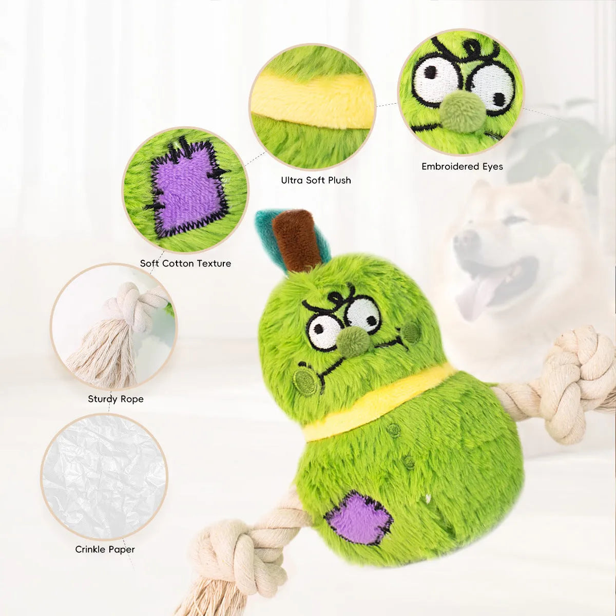 Green and purple plush rope knot dog toy with squeaker for tug of war and chewing.