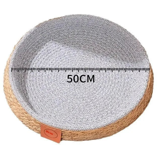 Circular rattan cat bed nest with woven sides, showing breathable construction for pet resting