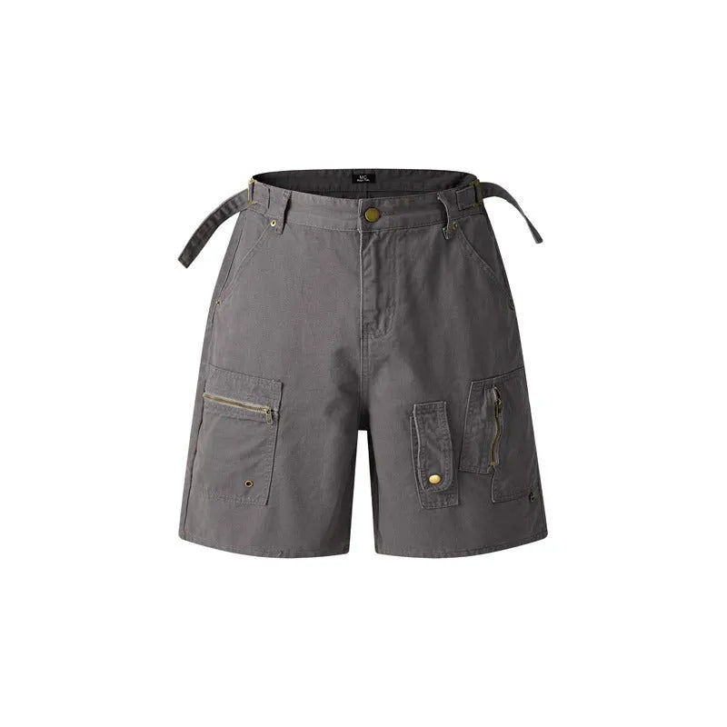 Retro washed cotton workwear shorts with zipper fly in loose fit and fifth pants length