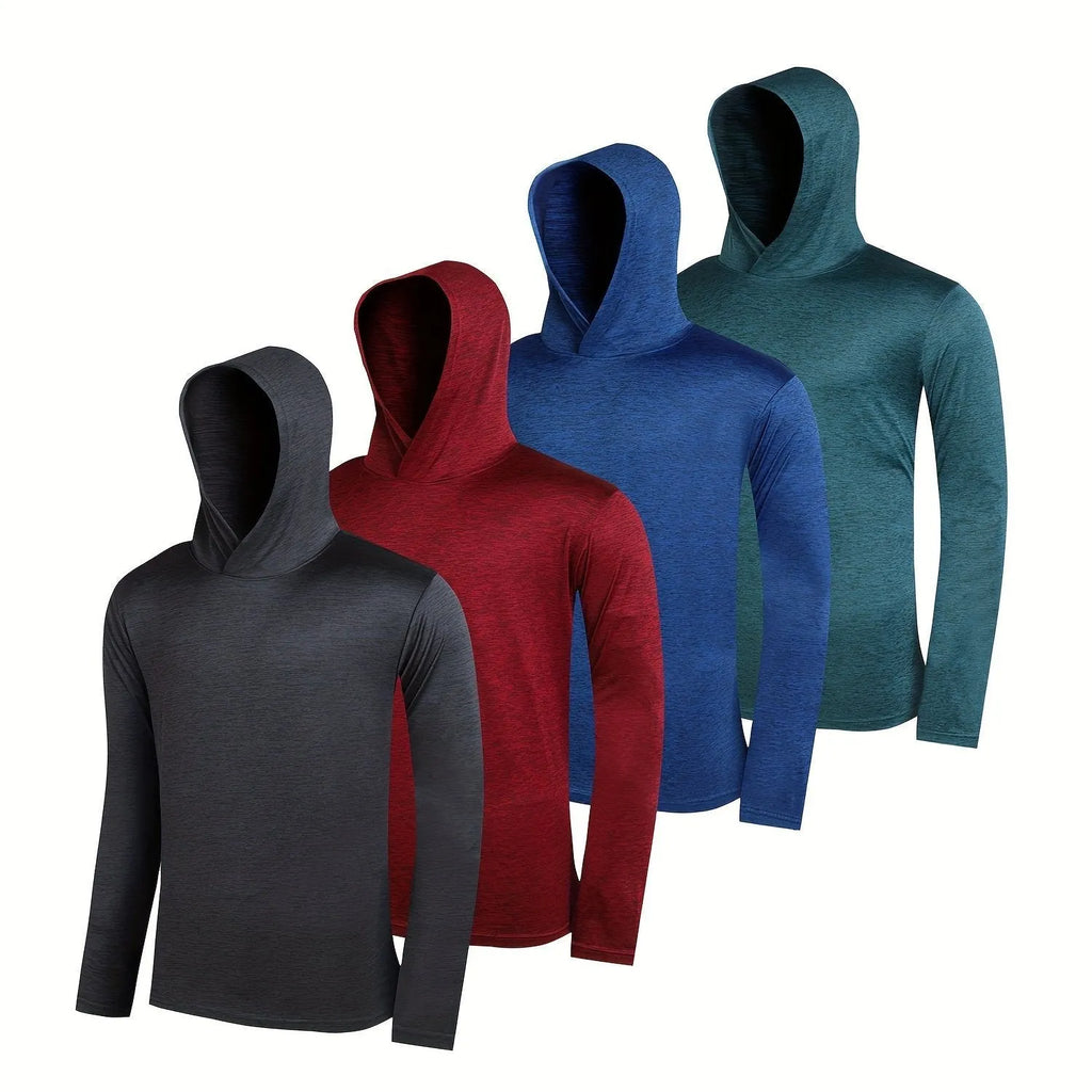 Men's lightweight hoodie four-pack in elastic polyester fibre showing colour options and hooded styles