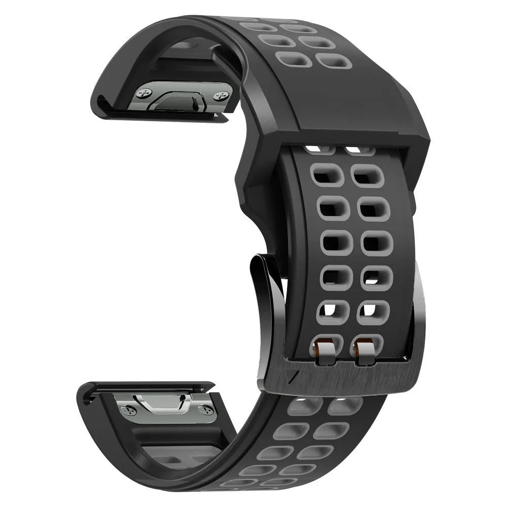 Quick release double-row hole silicone sports watch strap in a two-tone colour on a watch.