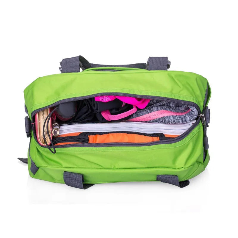 Nylon yoga and gym holdall bag in black, shown in medium and large sizes with carry handle.
